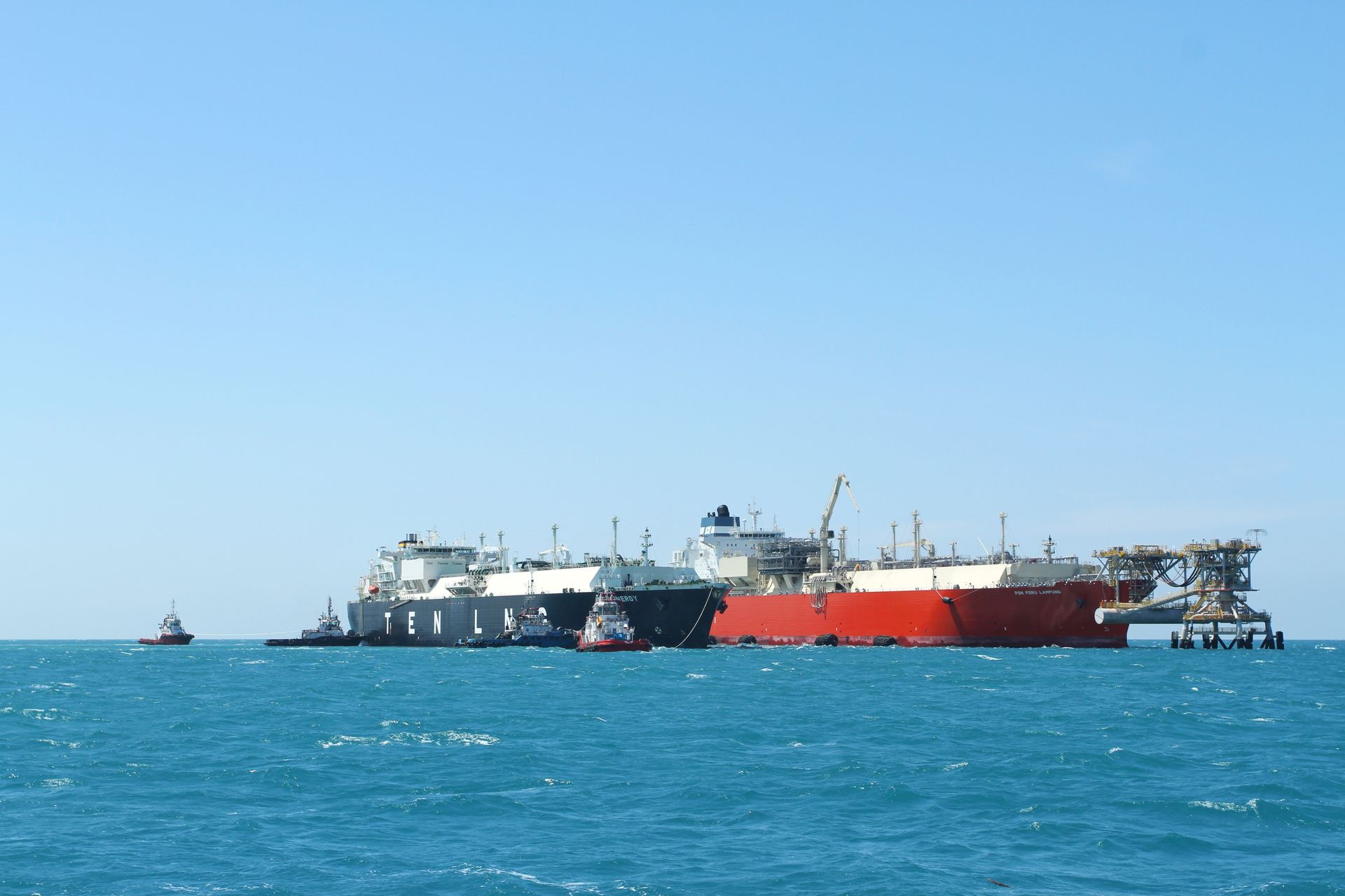 Ship-to-ship LNG transfer at FSRU Lampung with PGN FSRU Lampung and LNG carrier alongside